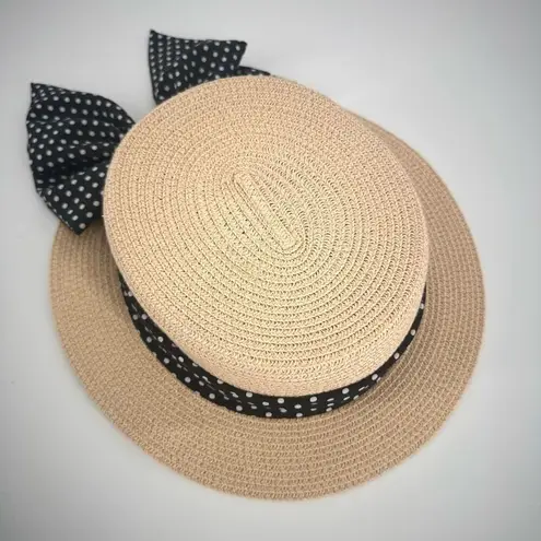 Warmhata Women's Polka Dot Bowknot Beach Flat Top Straw Sun Hat Beige One Size Tan