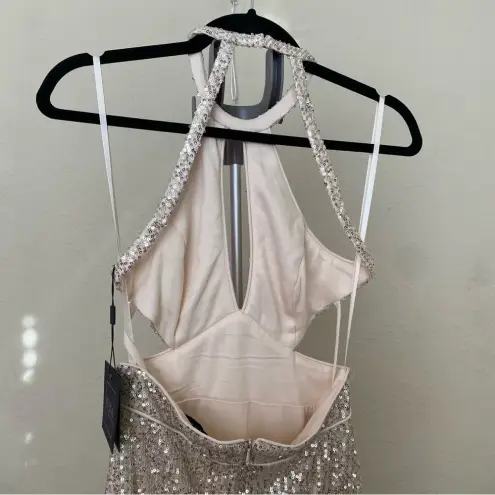 Mac Duggal Ieena for  sequined halter‎ cut out ruffle Asymmetrical dress in nude