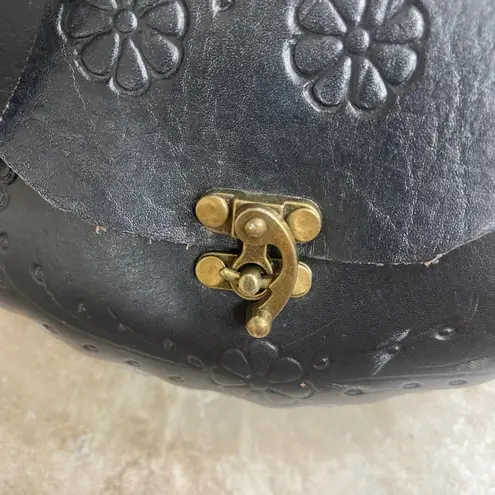 Mexican Black Leather Floral Tooled Crossbody Bag Small Purse Bohemian Boho Black