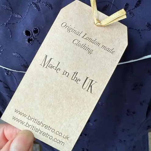 NWT British Retro Florence Navy Broderie Anglaise 50s Style Dress UK 14 US 10 Blue
