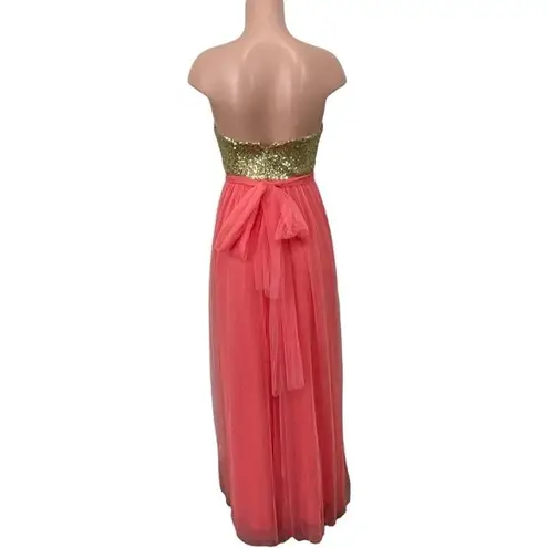 Christina Wu Bridesmaid Dress Style 22725 Size 4 Gold Sequin with Coral Tulle