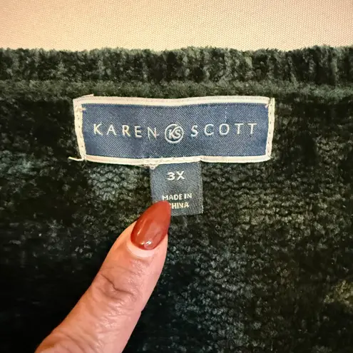 Karen Scott Sweater 3X Green V Neck Plush Velvet Long Sleeve Blouse Pullover #