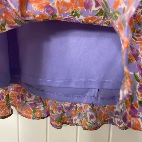NWOT Fore women’s purple orange floral lined zip mini ruffle hem skirt summer M Size M