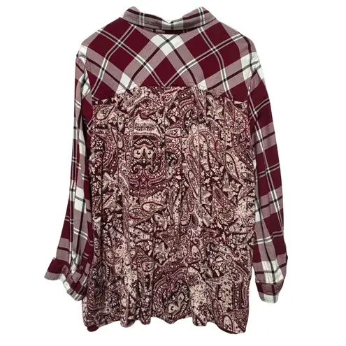 Catherines Womens Tunic Top 2X Red Plaid Paisley Mixed Print Whimsy Boho Western
