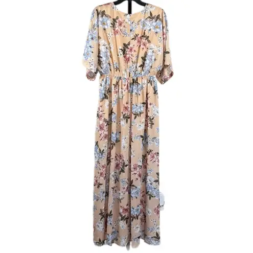 Elegant Floral Maxi Dress Cottagecore V Neck Empire Waist Bohemian Large Spring Blue