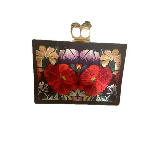 Alexander McQueen Black Embroidered Floral Clutch Evening With Knuckle Handle