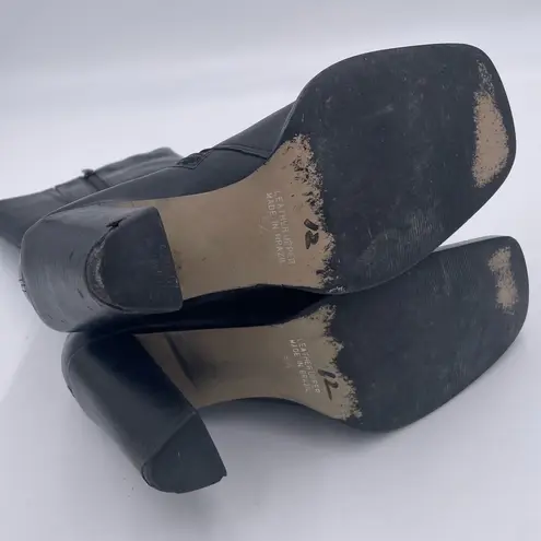 Vintage Y2K Black Leather Square Toe Buckle Strap Heeled Boots Size 9.5 Biker