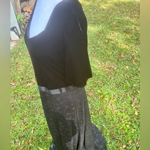 Vintage 90s Black Empire Waist Maxi Dress Velvet w Sheer Glitter Floral Skirt 26