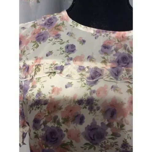 Allegra K Ruffled Floral Gathered Sleeves Romantic Top Large L Women's