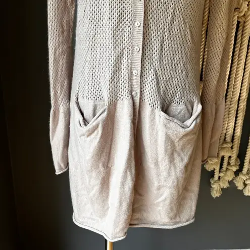 S&C 100% Cashmere Open Knit Mixed Media Unique Cream Cardigan Sweater M Bohemian Size M