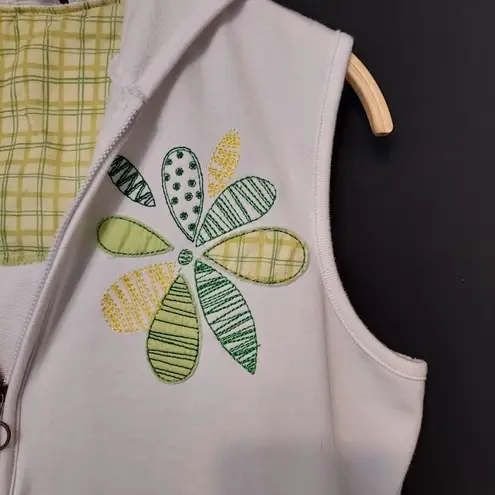 Weekend Clothesline White Hooded Sleeveless Floral Flower Patch Vest Sweater Green Size L