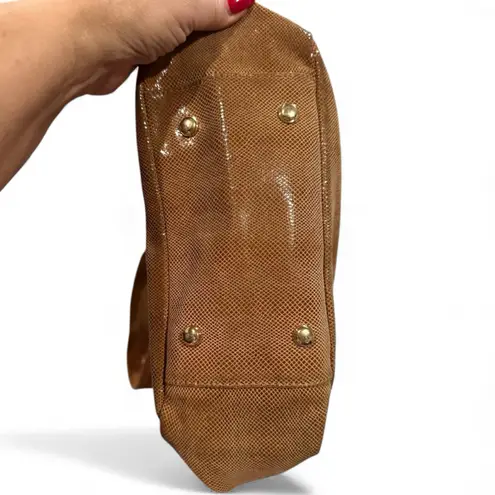 B. MAKOWSKY LEATHER SHIMMER SNAKE BROWN LIZZARD SHOULDER HANDBAG GOLDTONE TRIM