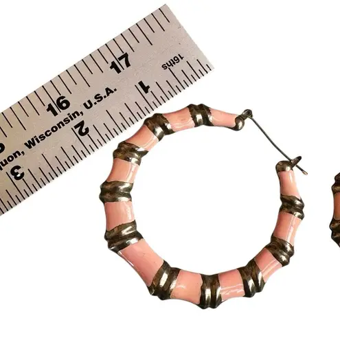 Vintage Pink Enamel Bamboo Hoop Earrings | Large Silver