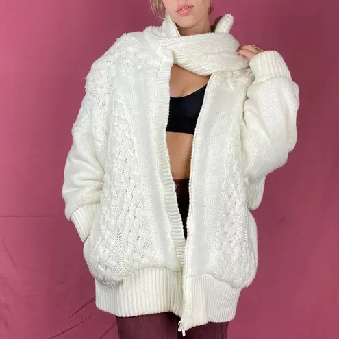 VINTAGE THICK CREAM KNIT ZIP UP JACKET CARDIGAN SCARF OVERSIZED White Size L
