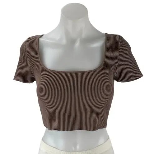 Aritzia  Babaton Women's Brown Short Sleeve Ribbed Knit Sculpt Crop Top Size M