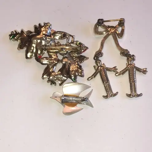 Lot of 3 Vintage Pins Poinsettia Dangling Pin & Mother of Pearl Dove
