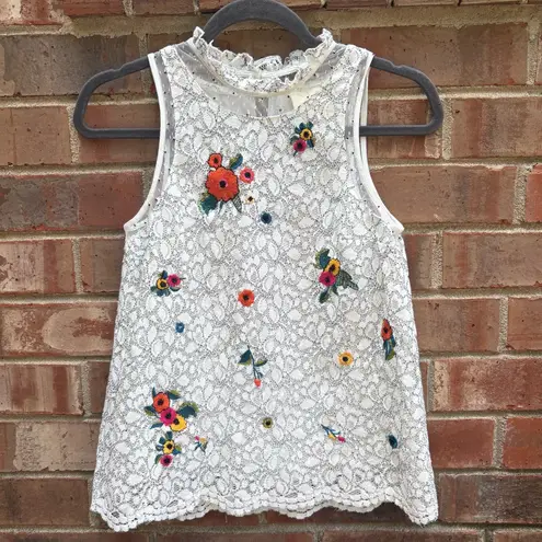Maeve Anthropologie Maci White Lace Top with Floral Multi-Color Embroidery