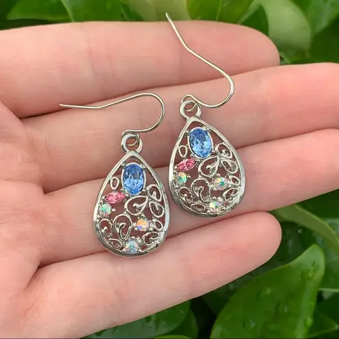 Silver Teardrop Shaped Dangly Earrings w/ Rhinestones