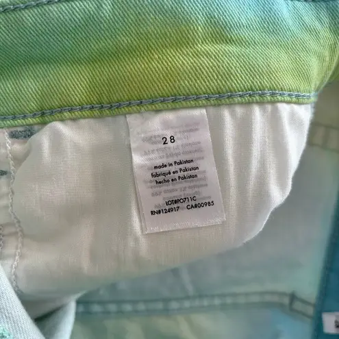 We Wore What Revolve Flare Bell Short Stretch Twill Denim Blue & Green Tie Dye 28