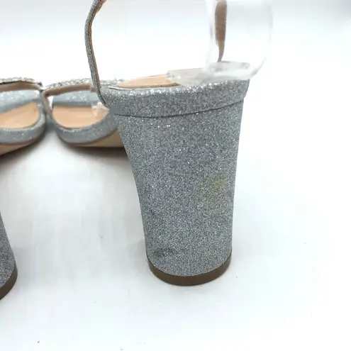 Badgley Mischka Charlee Silver Glitter Block Heel Sandals Rhinestone Strap 6