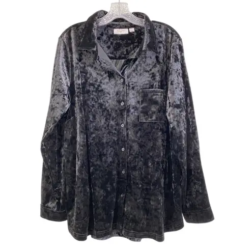 Kim Gravel Black Crushed Velvet Long Sleeve Button Up Tunic Top Size XL Pockets