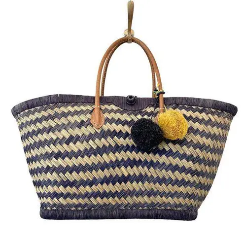 MAR Y SOL Baja Large Carry All Tote In Hand Woven Raffia Bag Navy Blue
