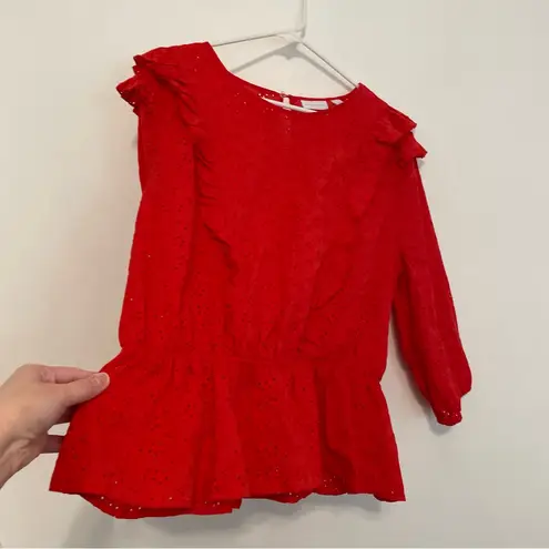 NEW YORK COMPANY NY&CO Red Floral Eyelet Ruffle 3/4 Sleeve Cotton Peplum Blouse Size XL