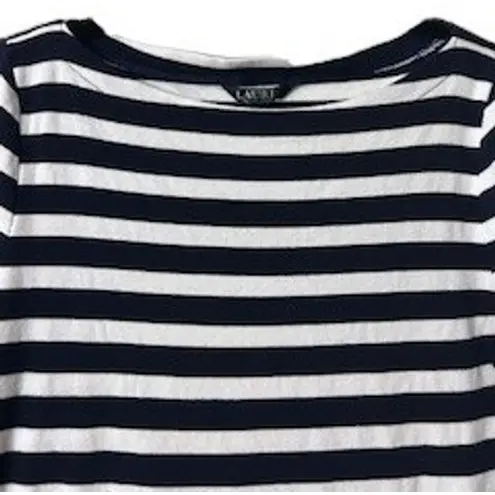 Lauren Ralph Lauren L Navy White Stripe Cotton Top Nautical Coastal Preppy Chic Size L
