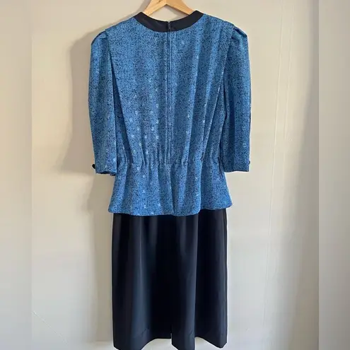 Vintage 80s Lady Carol Blue Peplum Puff Shoulder Dress Set Retro Career Chic Size L