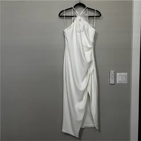 Elliatt Janelle White Floral Applique Halter Neck Midi Dress Size XL Pearl Slit