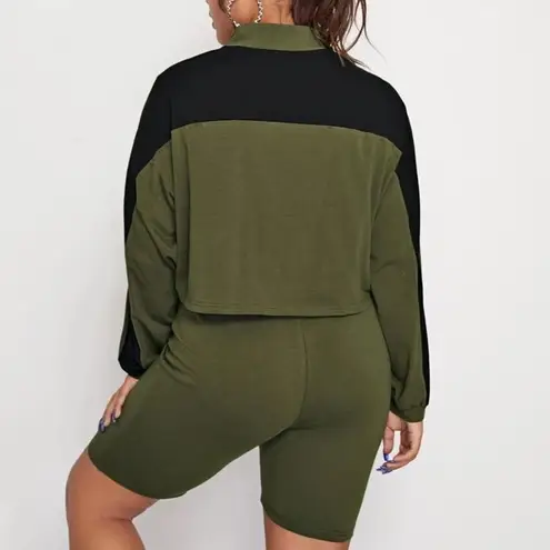 SheIn Plus Two Tone Zip Half Placket Sweatshirt and Biker Shorts Set