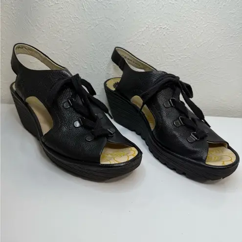 Fly London Leather Lace-Up Wedge Sandals YLFA – Black – Size 40 (US 9-9.5)