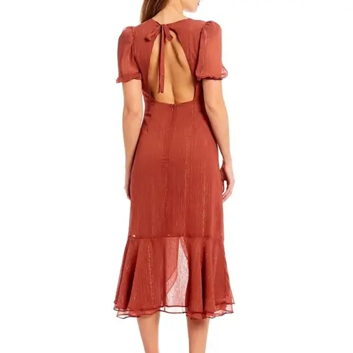 WAYF NWT Metallic Square Neck Puff Sleeve High-Low Open Back Faux Wrap Midi SM