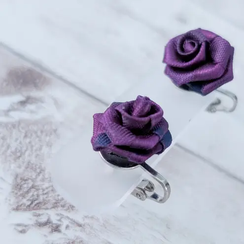 Vintage Clip On Earrings Purple Fabric Rose 5/8"