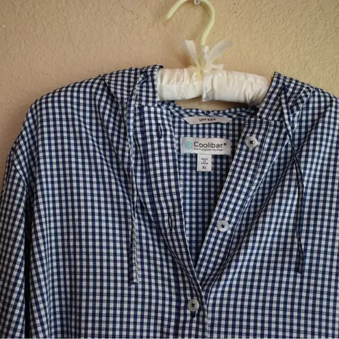 Suntect By Coolibar Women's Long Sleeve Beach Shirt Gingham Blue and White XL