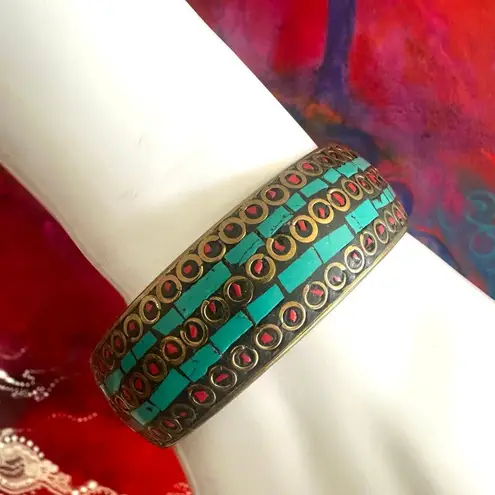 Vintage Brass Turquoise & Red Inlay Mosaic Bangle Bracelet