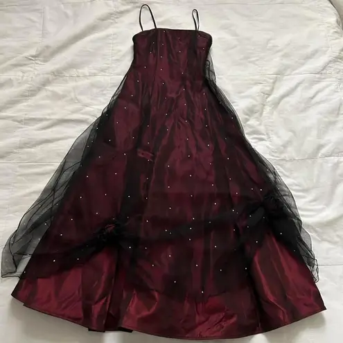 Vintage Red black goth formal prom dress mesh overlays, rhinestones and rosettes Size XXS