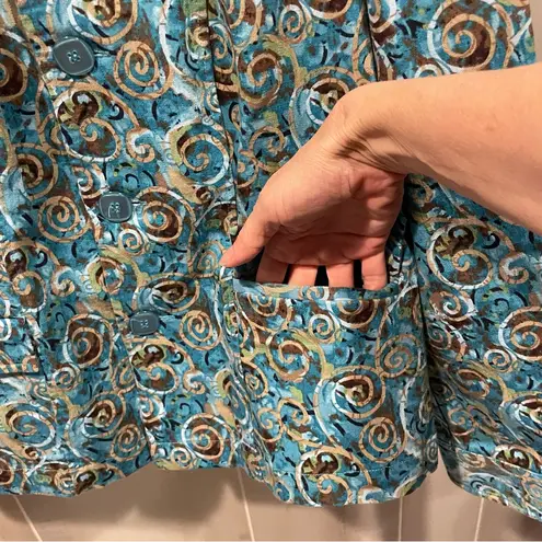 Christopher & Banks Cute aqua swirl cotton canvas jacket pockets chunky buttton front stretch