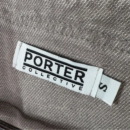 Porter Collective Denim Knit Bomber Sweater Jacket Taupe Cream Small Gray