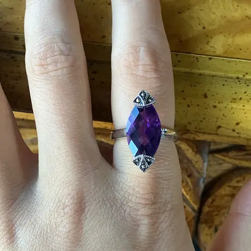 African Amethyst Marcasite Sterling Silver Ring Size 8