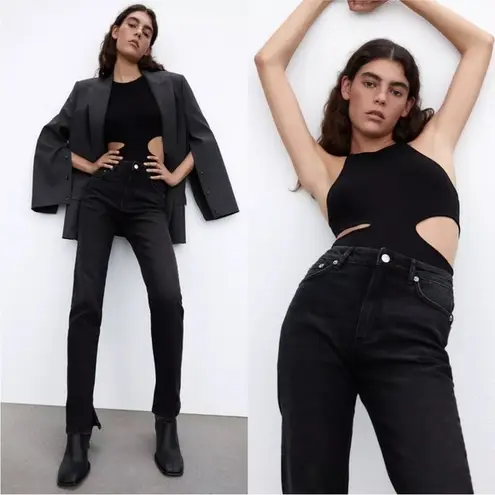 ZARA  Split Hem Slim Jeans Black High-Rise Full Length Straight Leg Size 8