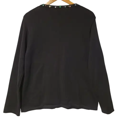 Black Cardigan Multicolor Embroidered Snowflakes Beaded & Sequined Neckline