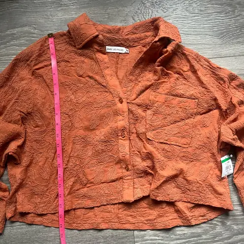 Avec Les Filles NEW Orange Floral Embroidered Boxy Cropped Long Sleeve Size M