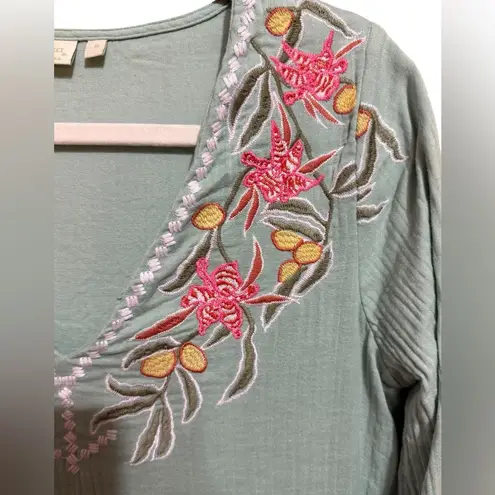 Spartina 449 Cotton Seafoam Green Embroidered Midi Dress Floral Cottage Sz S