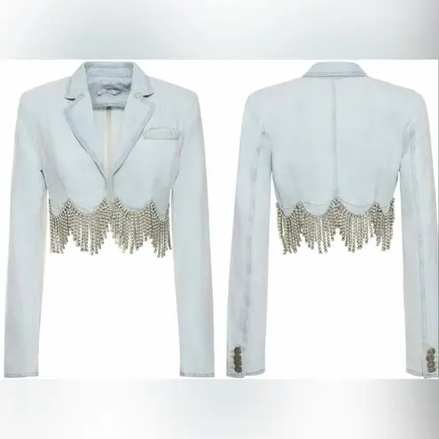 AREA Scalloped Embellished Cropped Denim Jacket in Pale Blue, Size 4, NWT Silver