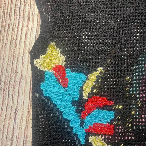 VTG 90s LIMS Black Beaded Sequined Bird Parrot Crochet Knit Cardigan Womens M Size M