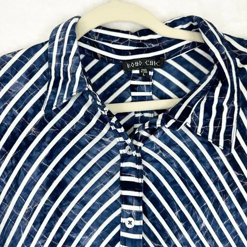 Boho Chic Stripe Jersey Knit Button Up Top Size Large 3/4 Sleeve Blue White