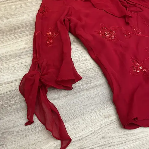 Camille La Vie Red Ruffle Embroidered Floral Print with Sequins Lightweight M