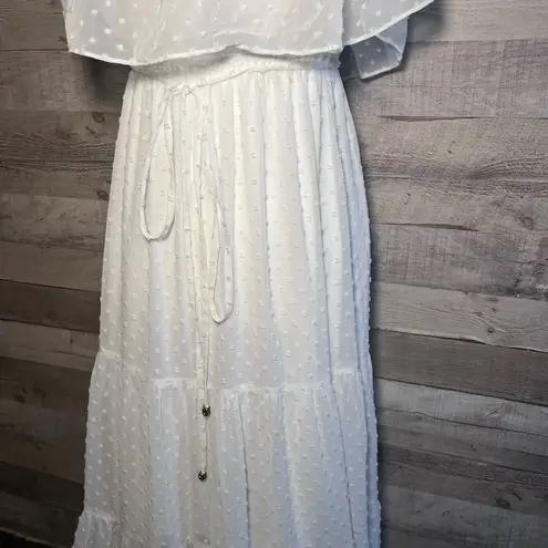 Baltic Born White Swiss Dot Tiered Off Shoulder Maxi Dress
