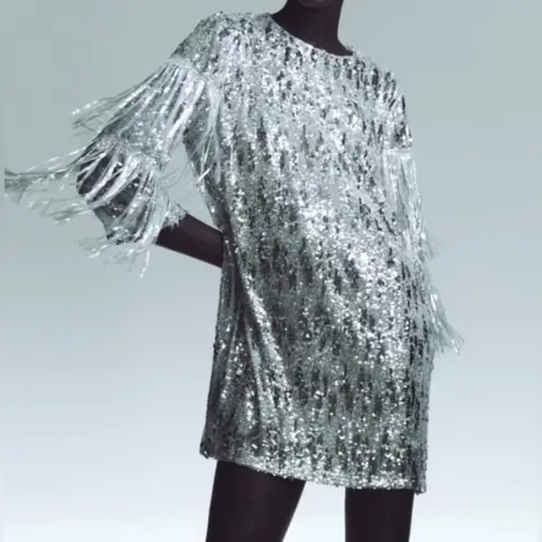 ZARA NWT  Metallic Silver Fringe Sequin mini Shift Dress FW23 holiday NYE